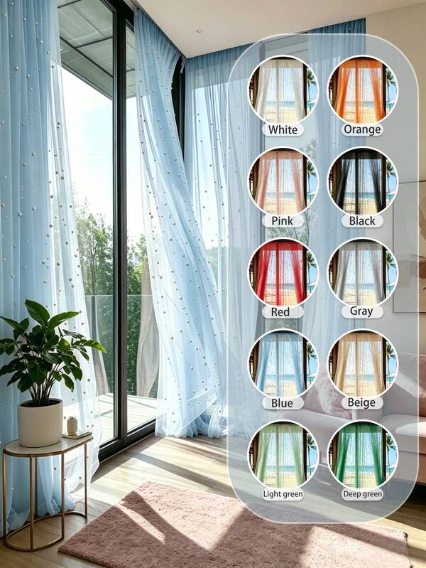 HOMPOOLL 1Pc Blue Pearl Beaded Sheer Curtains, Romantic Luxury Pearl Embellished Light Filtering Voile Window Drapes, Aesthetic Privacy Semi-Sheer Curtains For Bedroom Living Room Apartment Wedding Bridal Shower Party Backdrop Home Decor