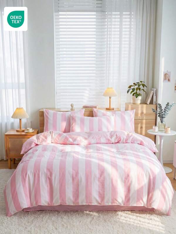 2/3pcs Bedding Set, Home Textile, Minimalist Style, Pink And White Striped, Comfortable And Breathable Bedding Set, Soft And Anti-Pilling, Without Duvet Insert, Suitable For All Sizes Of Large And Small Beds, All Seasons, Indoor Decor, Oeko-Tex Certified