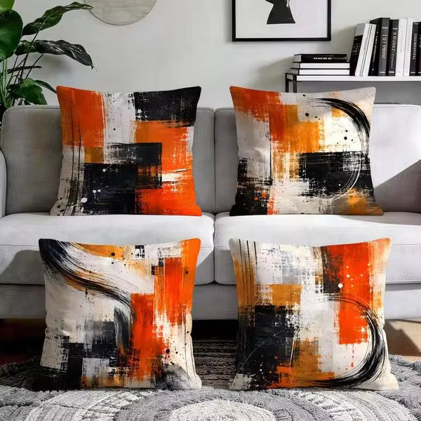 4pcs/1pc Orange & Black Ink Splatter Abstract Art Pattern Pillowcase Without Insert, Single-Sided Printed Pillowcase, Suitable For Living Room Bedroom Home Decor, All Season Pillowcase