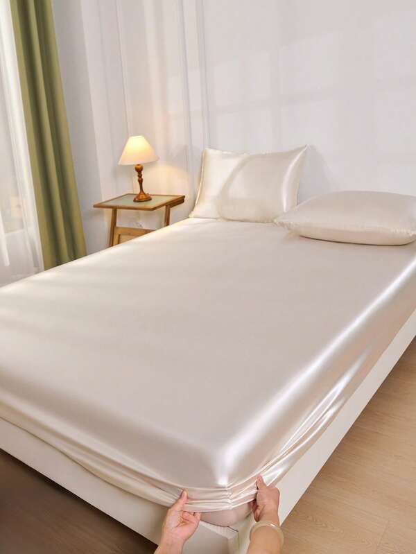 2/3pcs Solid Beige Satin Fitted Sheet Set, Faux Silk Bedding Set, 1pc Fitted Sheet + 1/2pcs Pillowcases (No Fill), Modern Soft Home Bedding Set, Deep Pocket Design Up To 11.8 Inches, Breathable